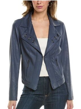 Joseph Ribkoff Blue Faux Leather Moto Jacket Zip Large